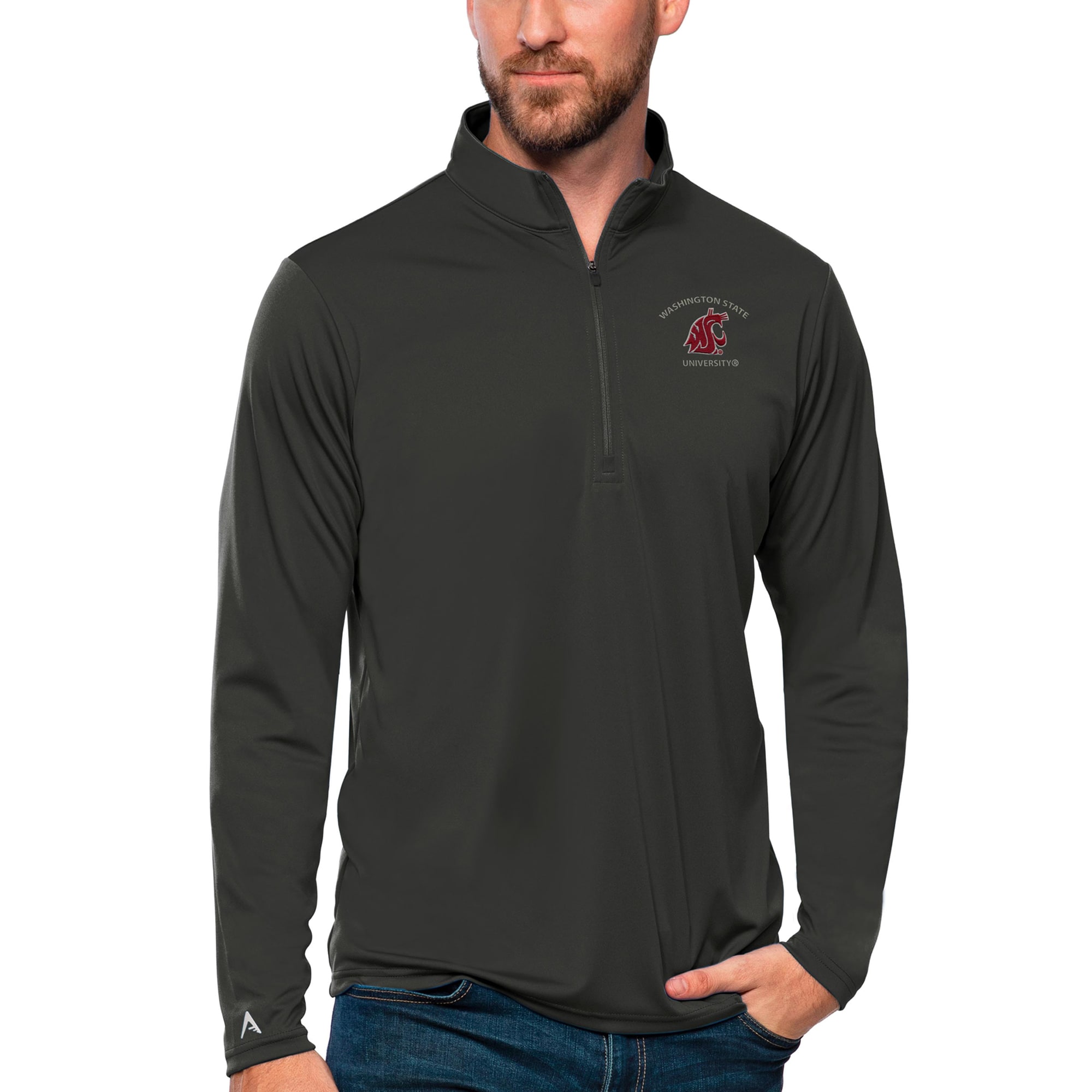 Men's Antigua Charcoal Washington State Cougars Tribute Quarter-Zip Top